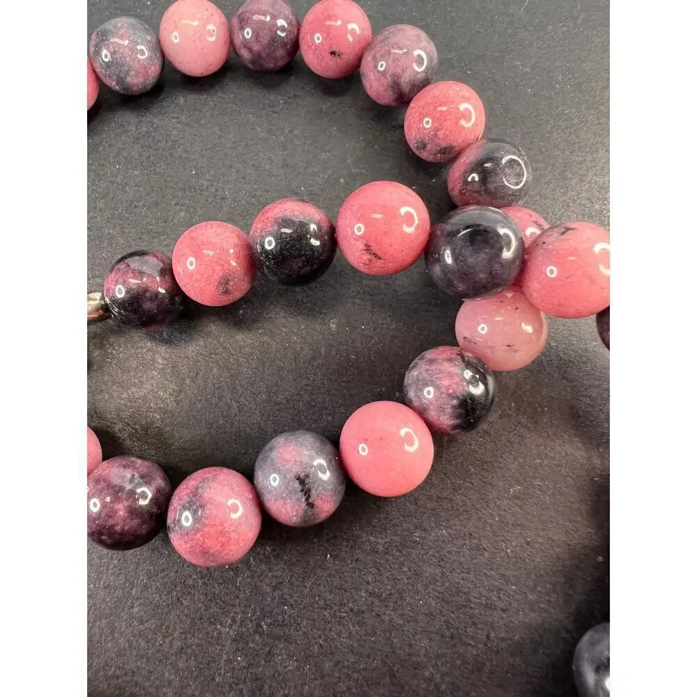 NEW Dead stock Rhodonite beaded necklace with sterling silver clasp
